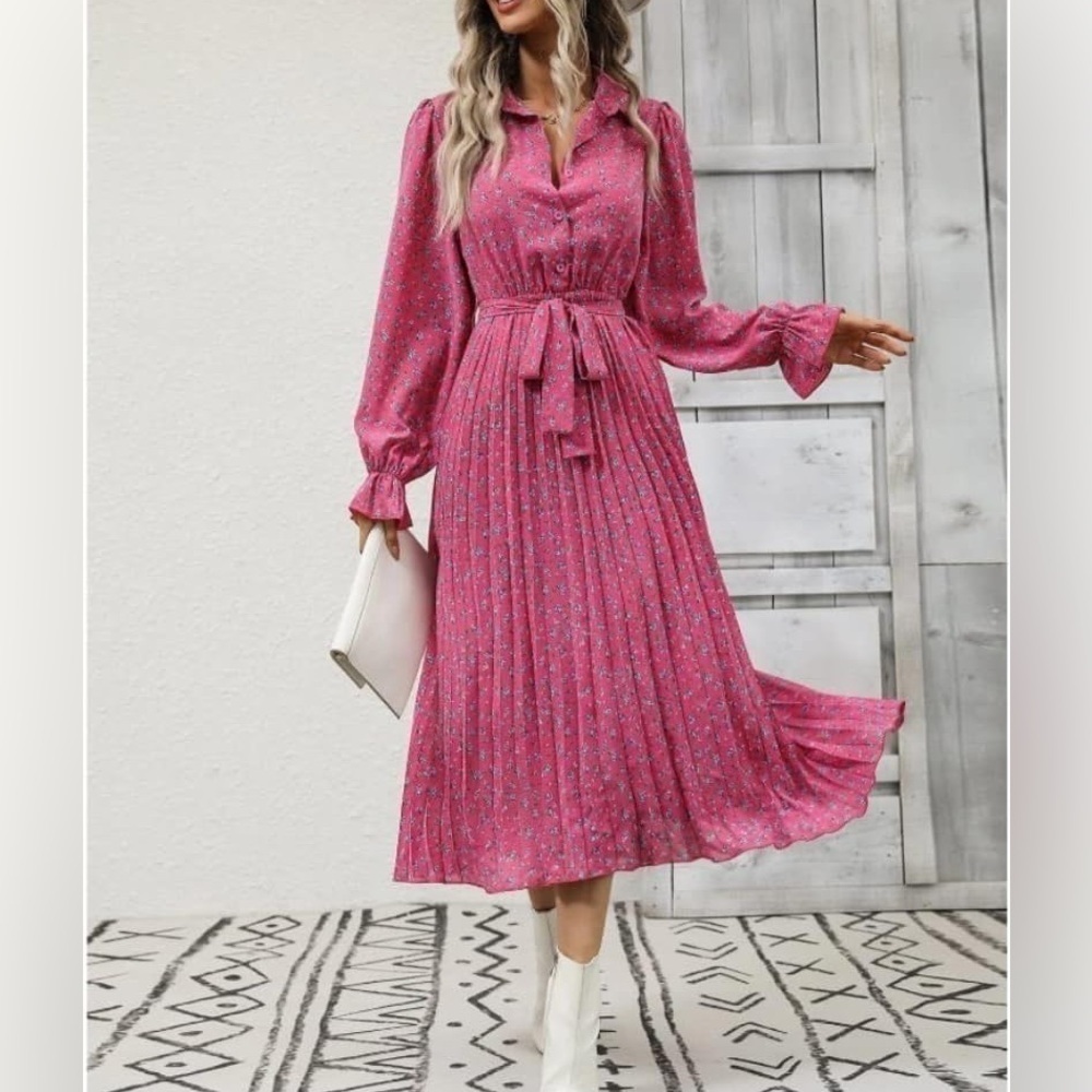 Hapsho Pink Floral PLEATED LONG SLEEVE DRESS SIZE S.